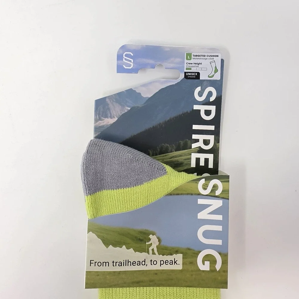 New! SpireSnug Crew Targeted Cushion Coolmax Hiking Socks Neon Yellow Gray Large